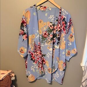 Floral Light Blue Kimono Sleeve Women's Top